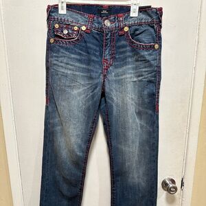 True Religion Ricky Straight leg jeans with red stitching.